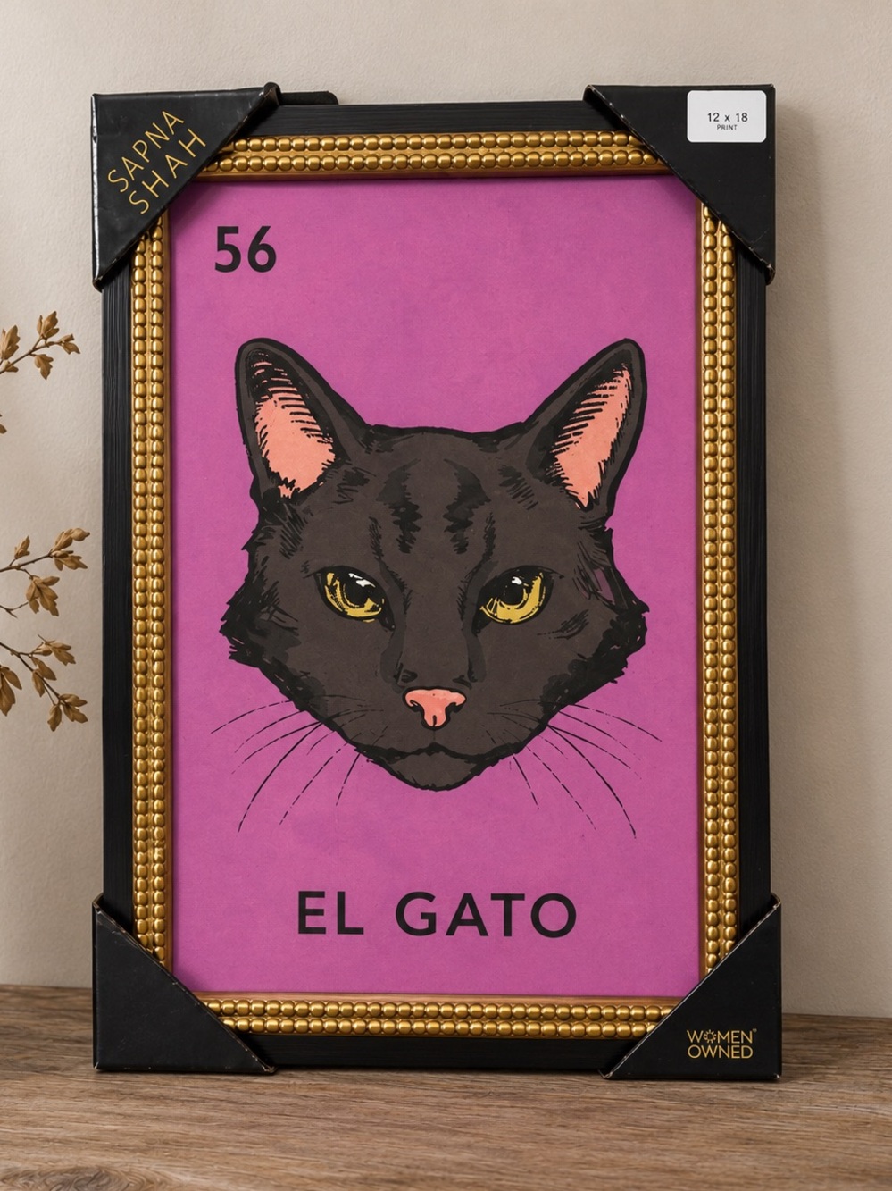 Sapna Shah Mexican La Loteria #56 "EL GATO" framed wall art NWT viral decor